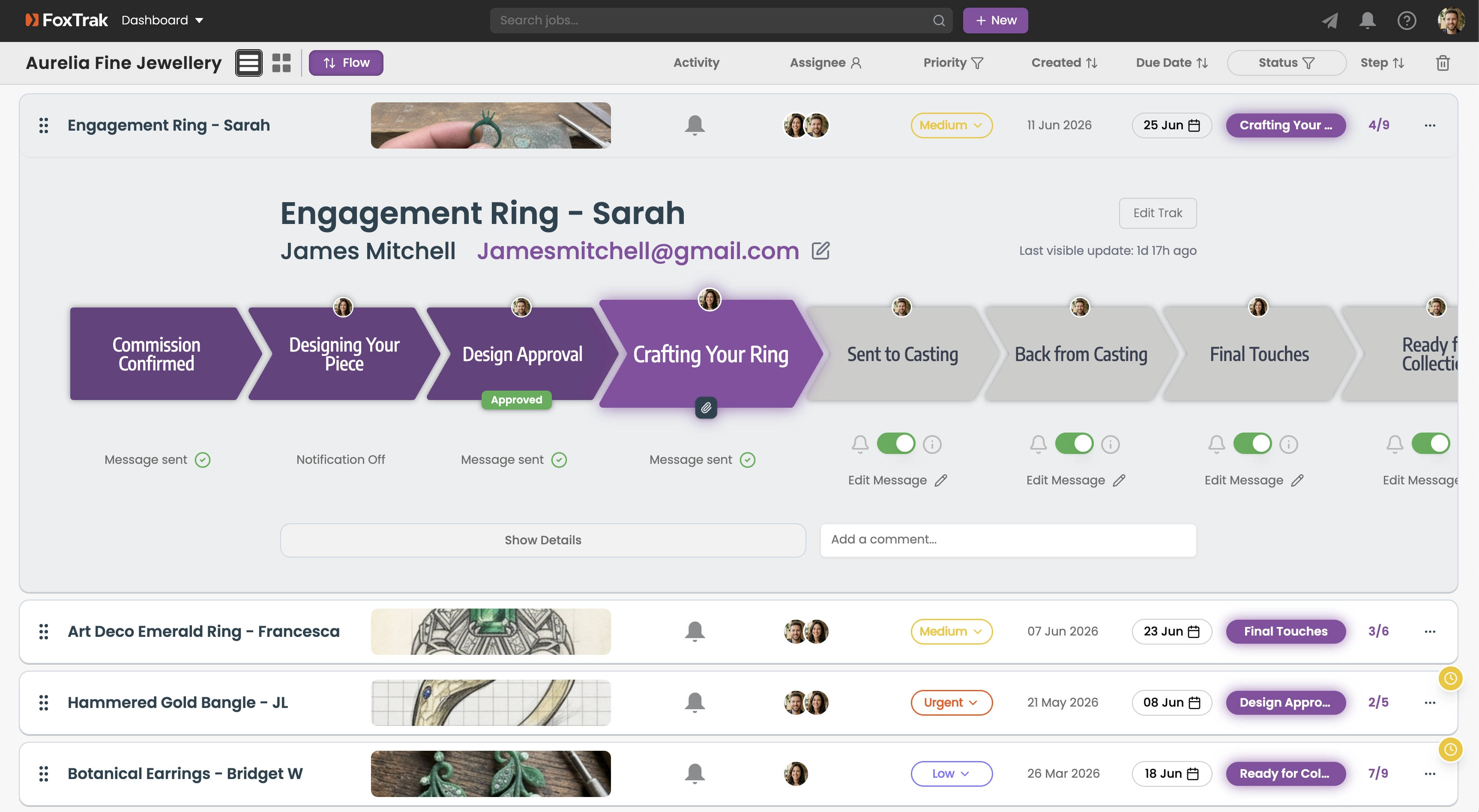 FoxTrak dashboard showing multiple active jewellery commissions with step progress and customer details