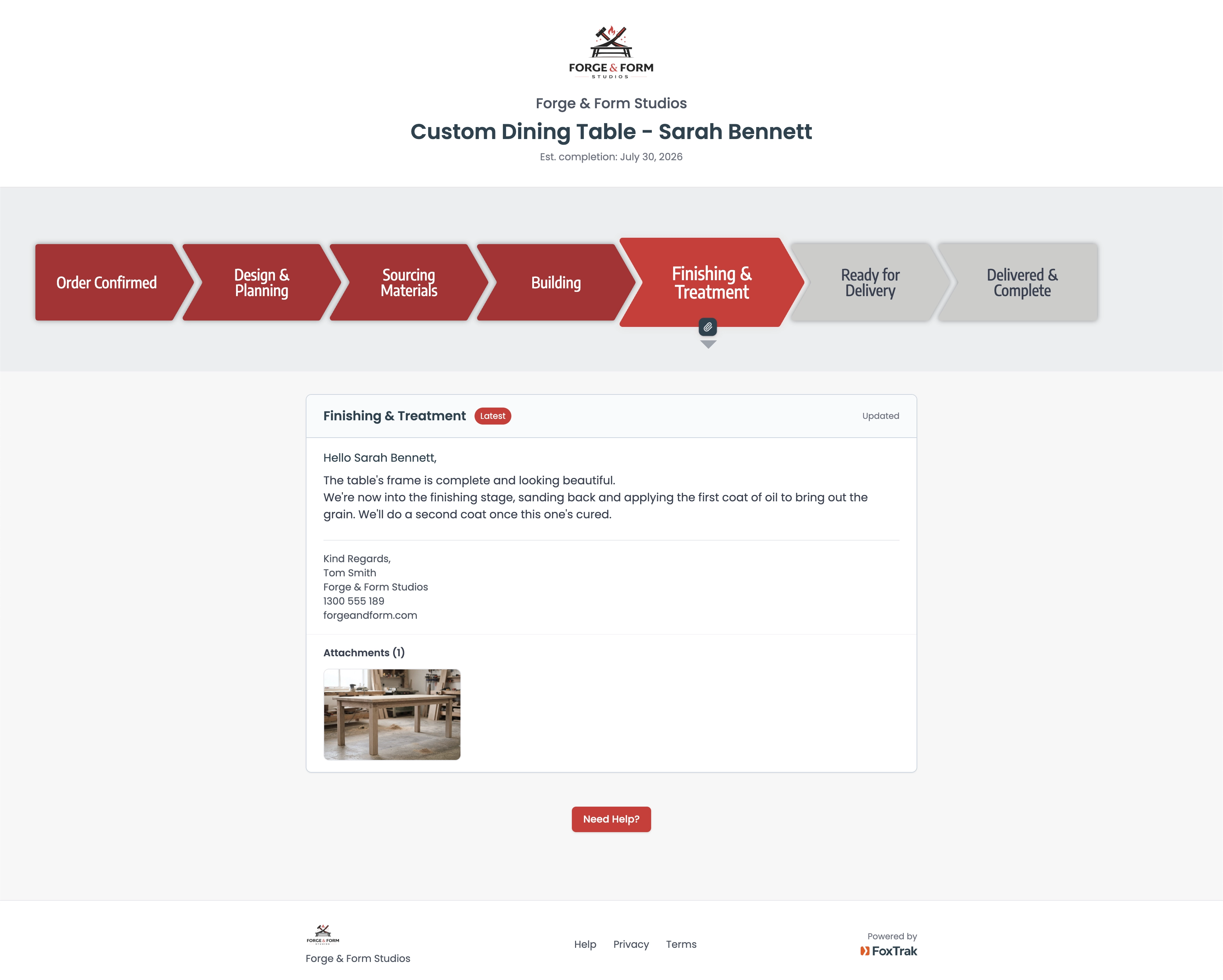 FoxTrak live build tracker for a custom furniture maker showing progress from materials sourced to delivery