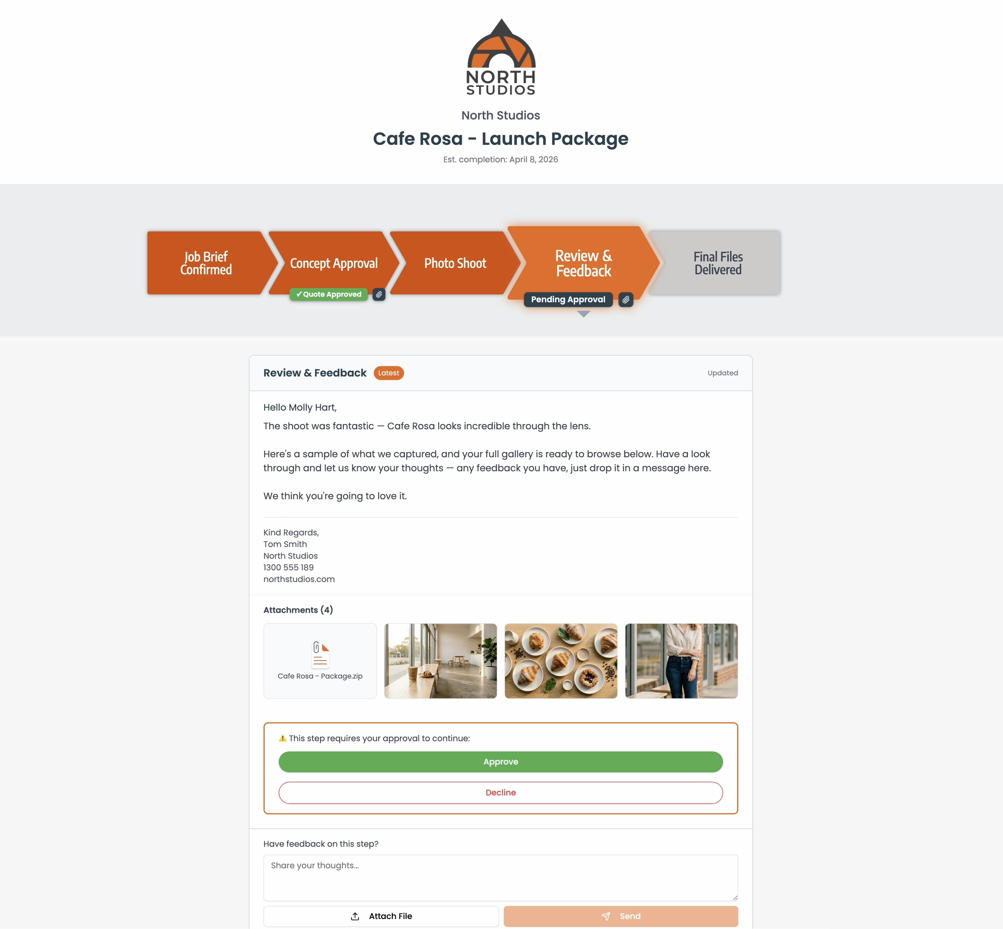 FoxTrak customer tracker showing job steps, attached photos, and approval button