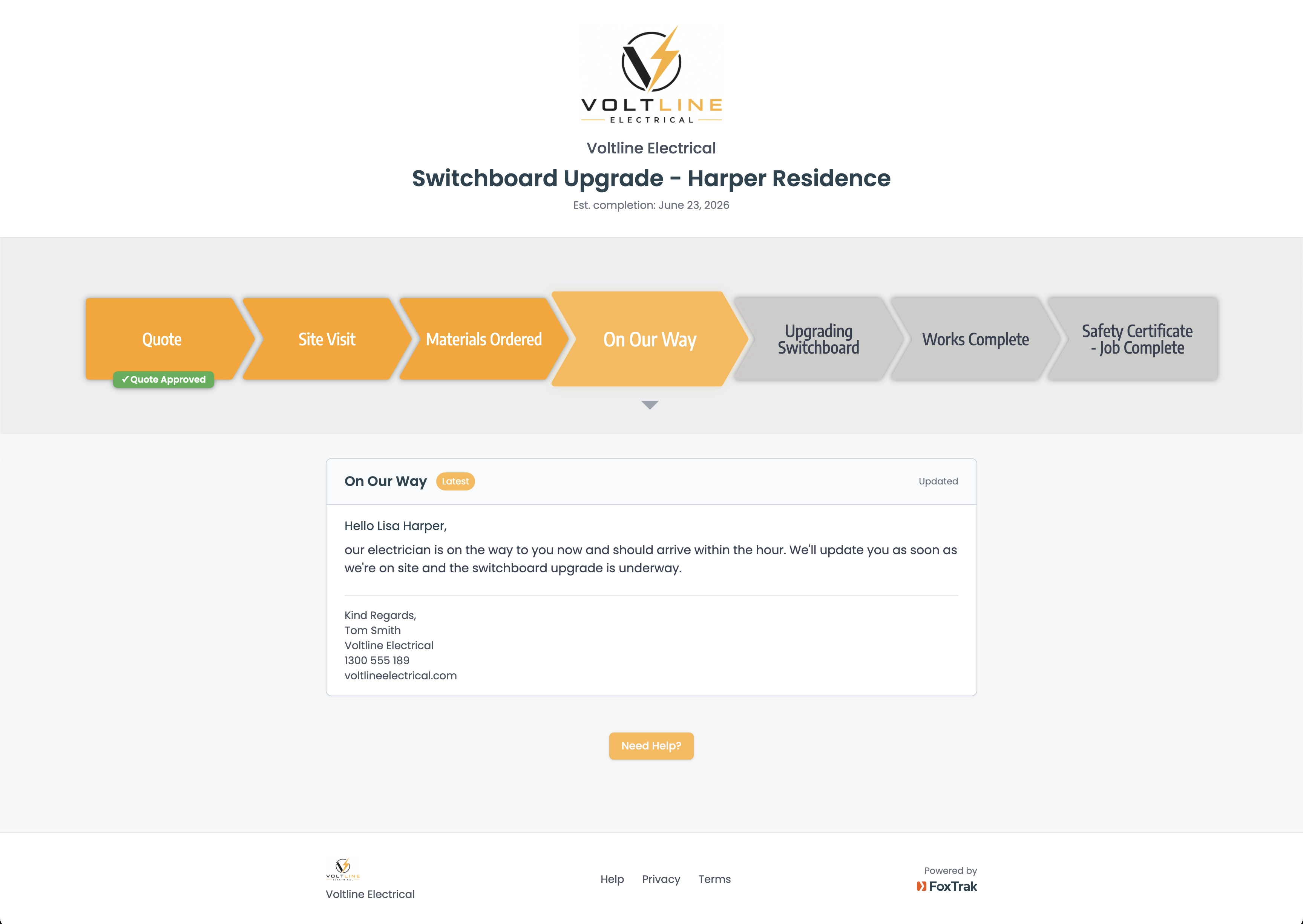 FoxTrak live job tracker for an electrical business showing progress from quote to on our way