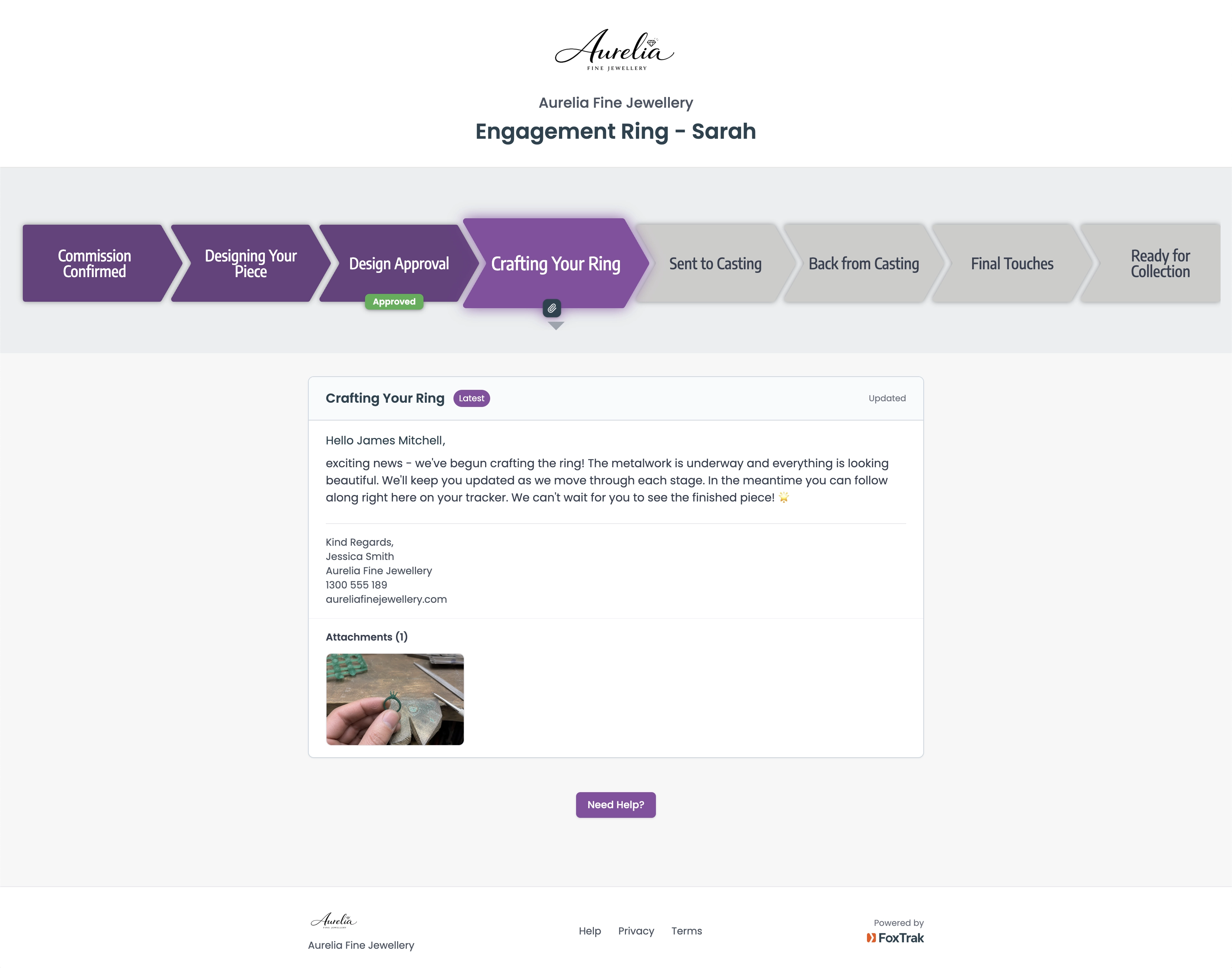 FoxTrak live commission tracker for a jewellery business showing progress steps and customer update