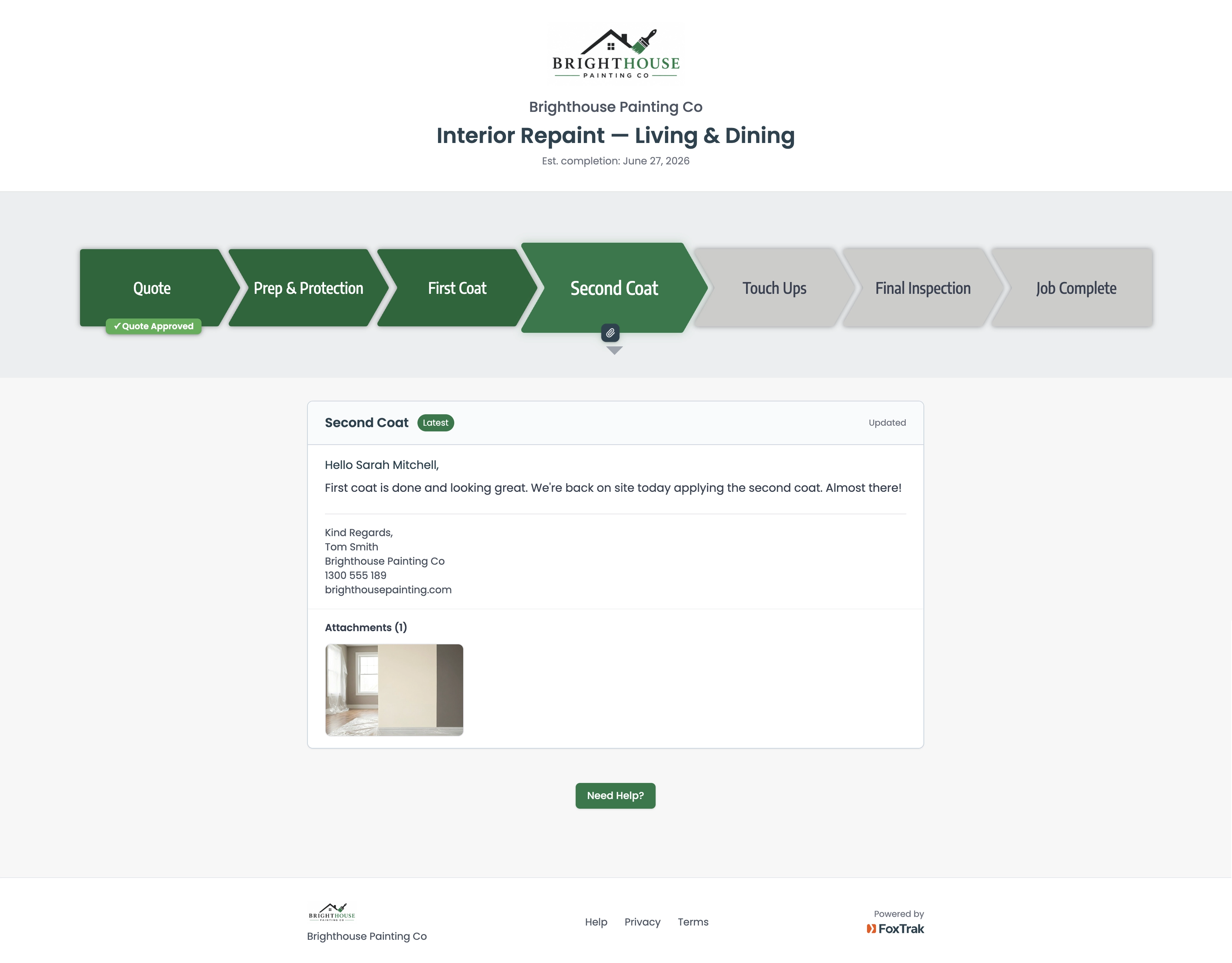 FoxTrak live job tracker for a painting business showing progress from quote to second coat