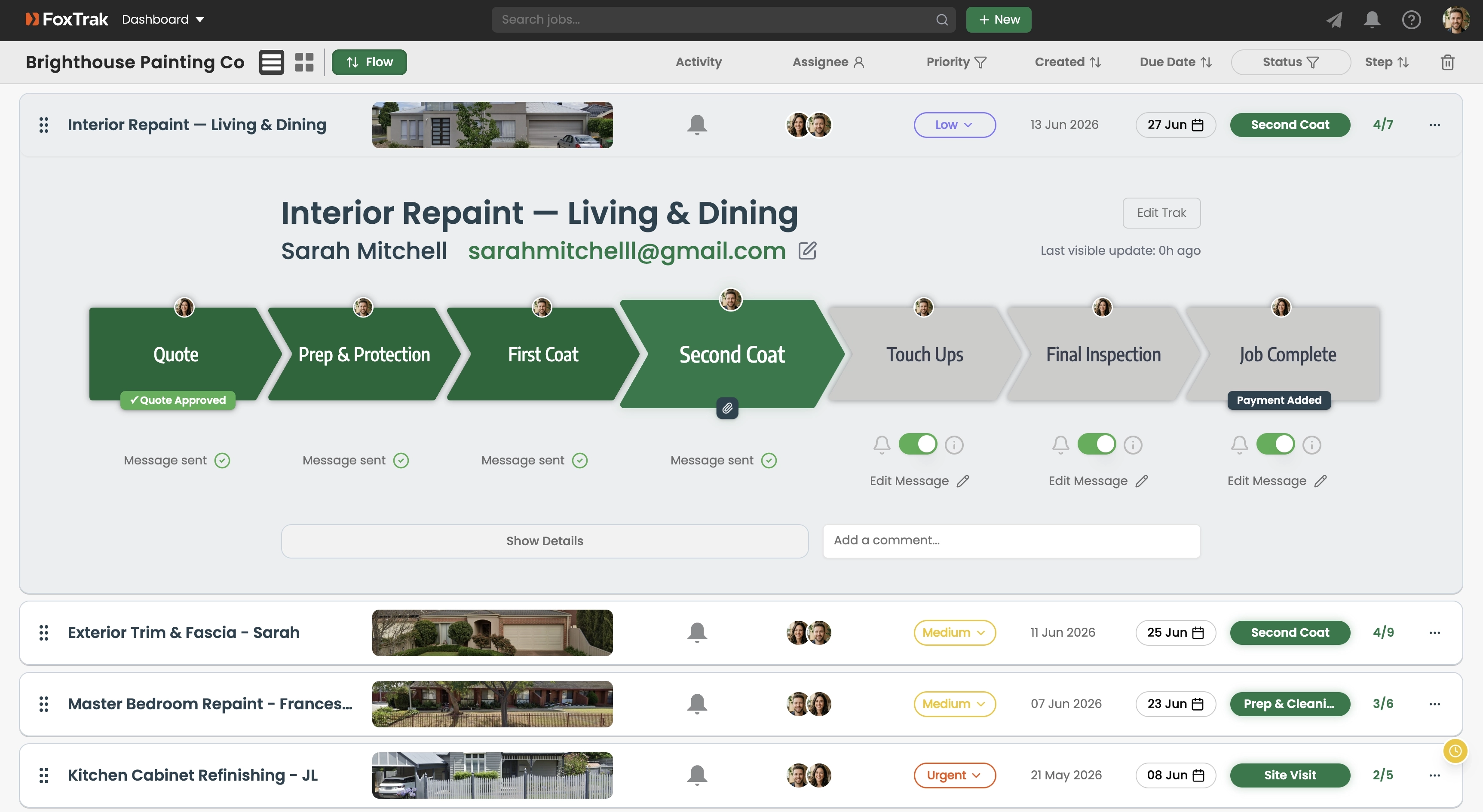 FoxTrak dashboard showing multiple active painting jobs with step progress and team assignees