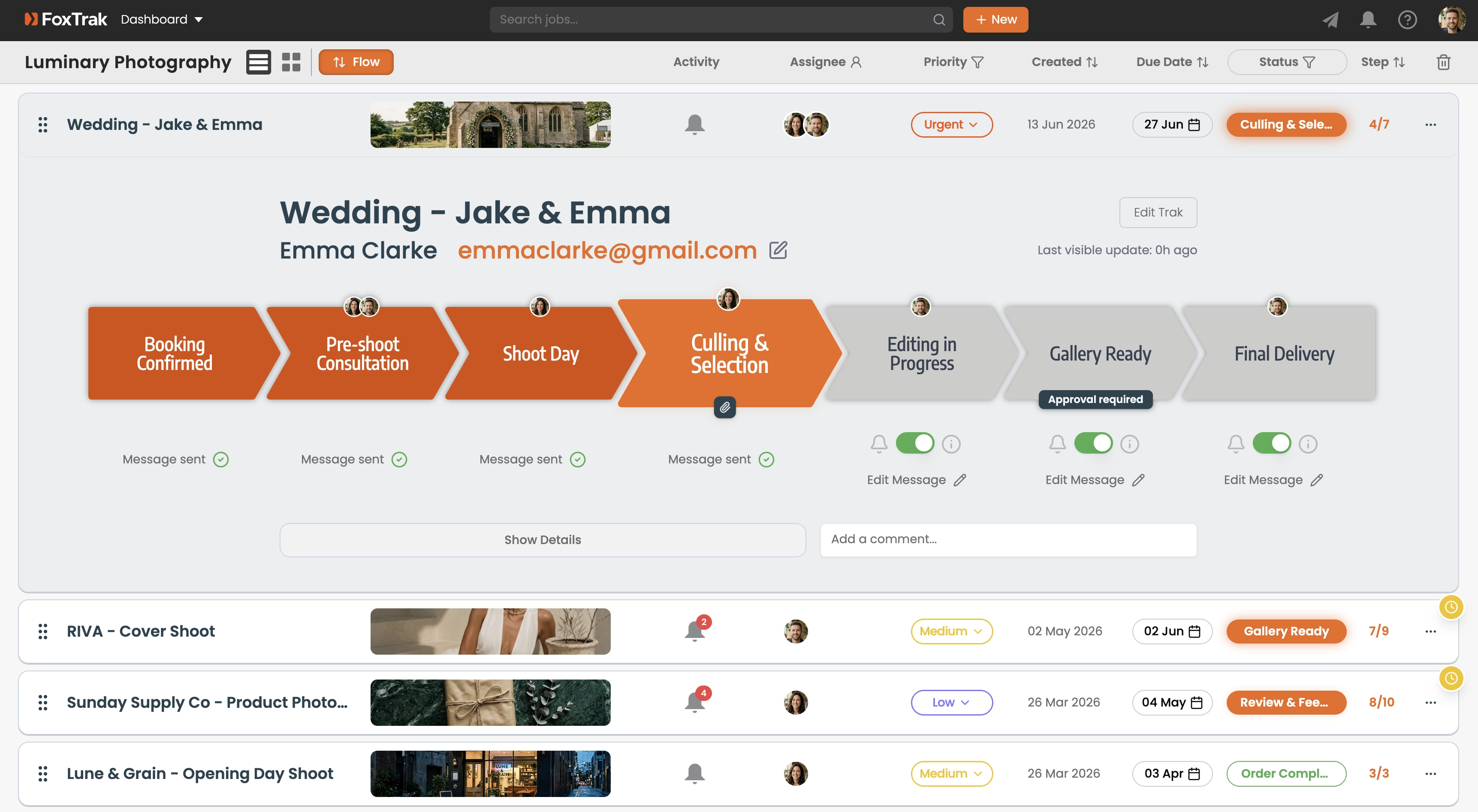 FoxTrak dashboard showing multiple active wedding photography shoots at different stages from consultation to gallery delivery