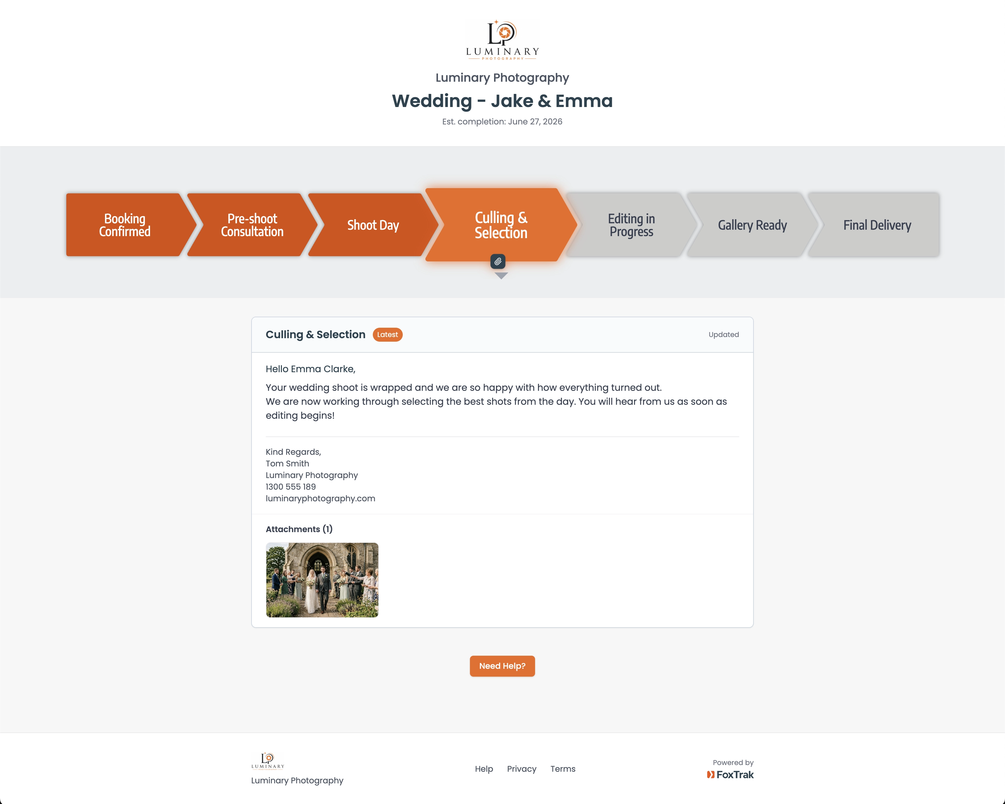 FoxTrak live wedding tracking page for a photography studio showing progress from booking to culling and selection