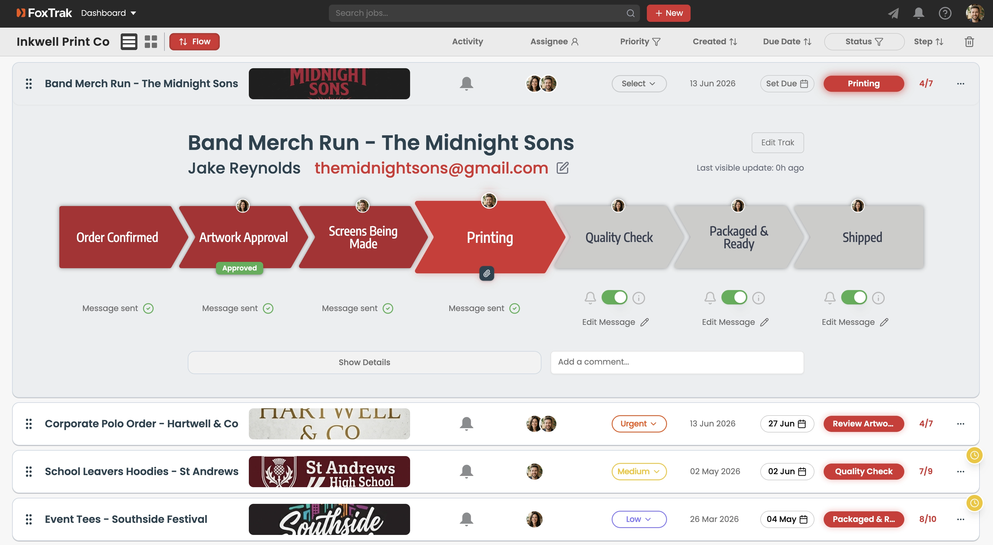 FoxTrak dashboard showing multiple active screen printing orders including merch runs, corporate uniforms and event tees