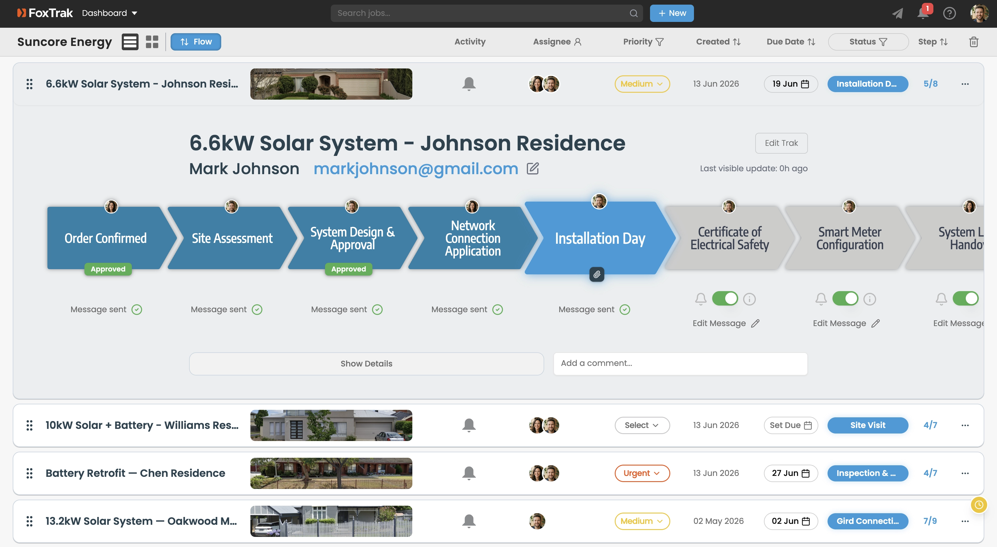 FoxTrak dashboard showing multiple active solar installation jobs including residential solar, battery retrofits and commercial systems