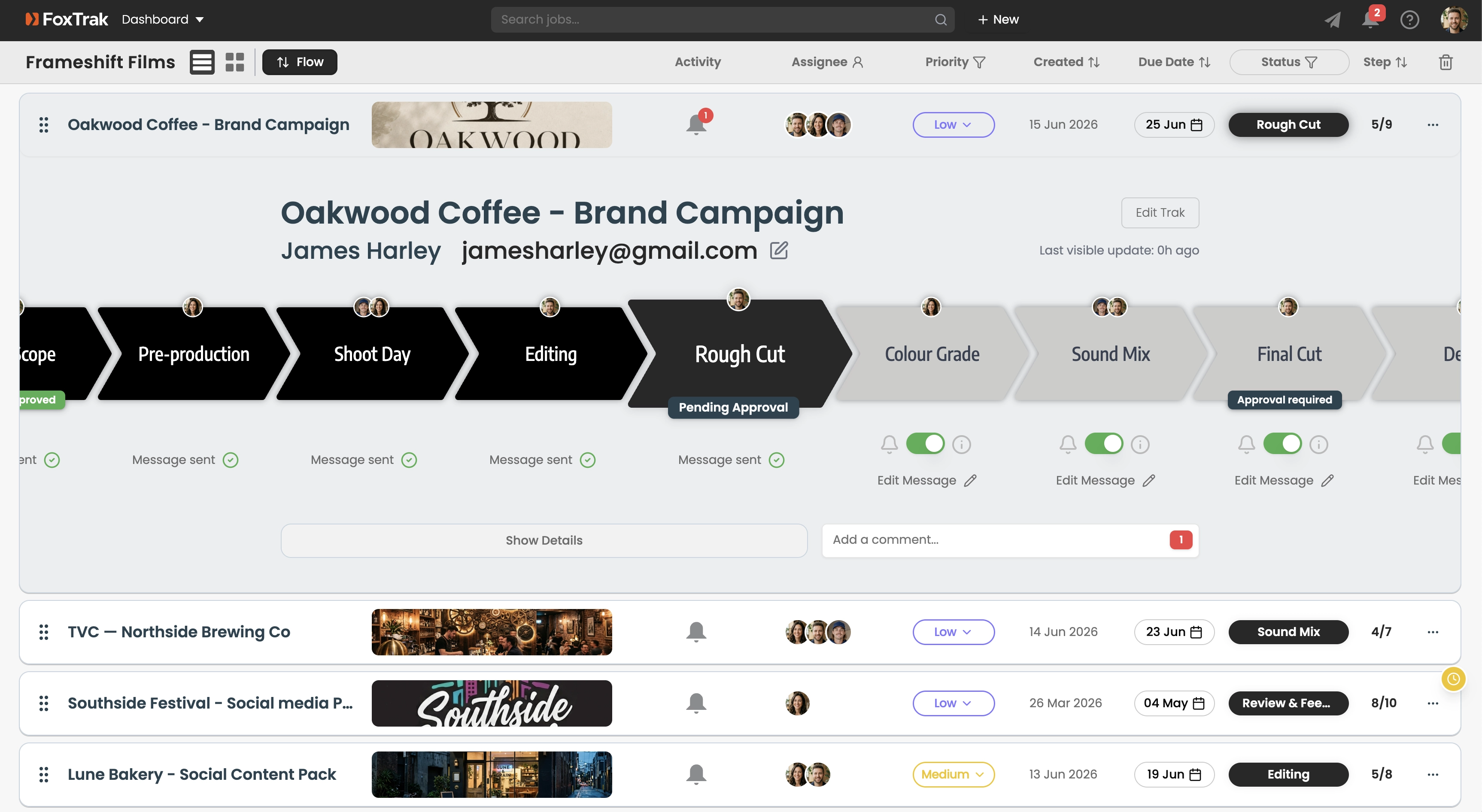 FoxTrak dashboard showing multiple active video production projects including brand campaigns, TVCs and social content