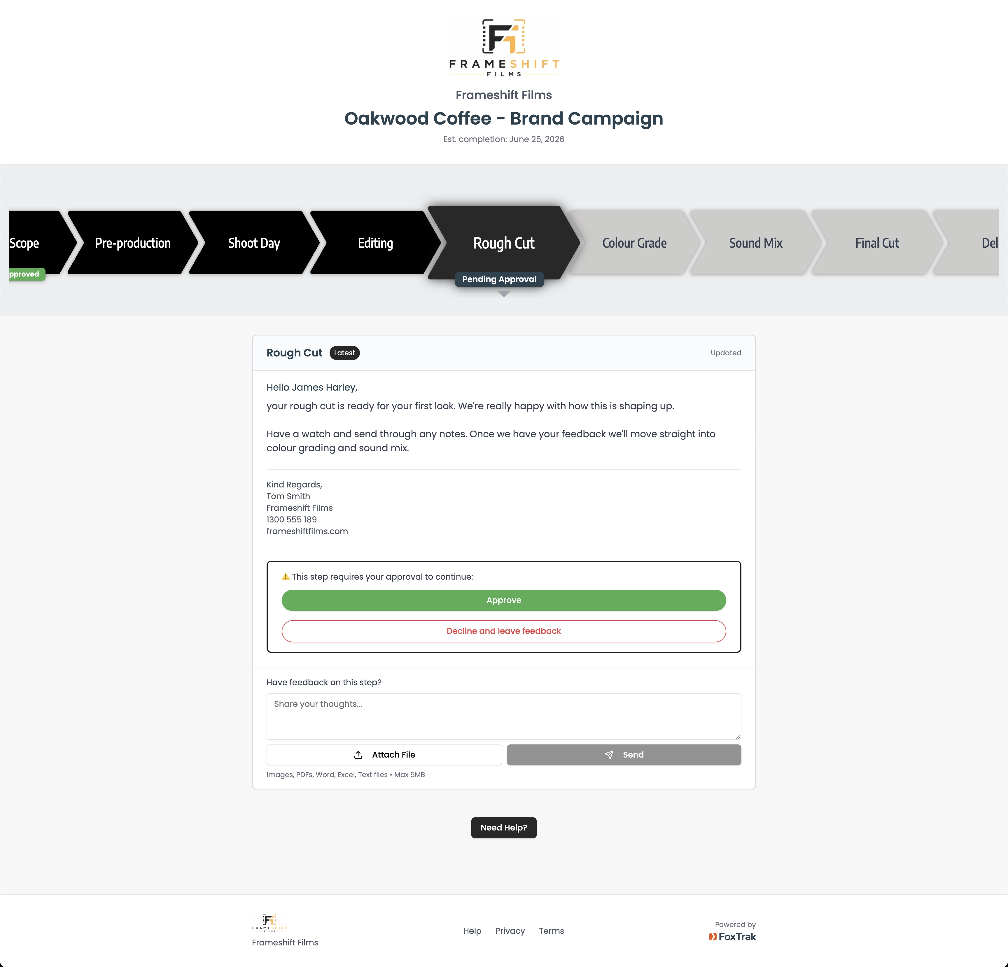 FoxTrak live project tracker for a video production studio showing rough cut stage with client approval