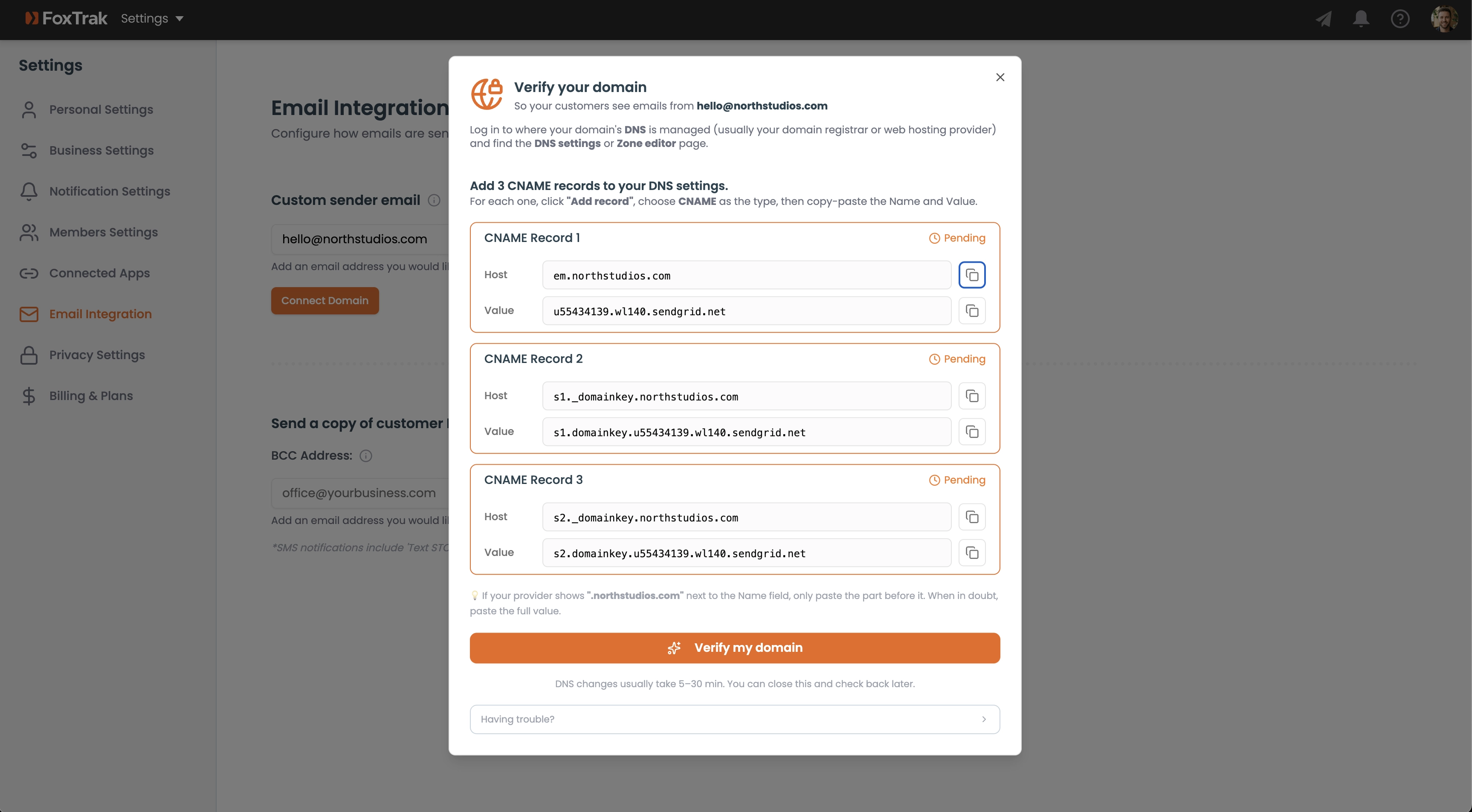 Sending emails from your domain in FoxTrak
