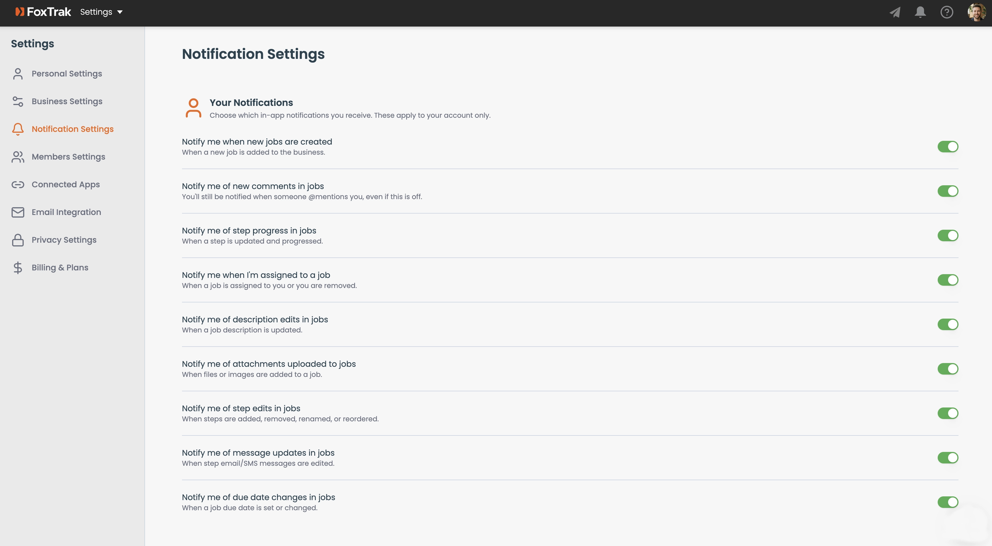 Notification settings in FoxTrak
