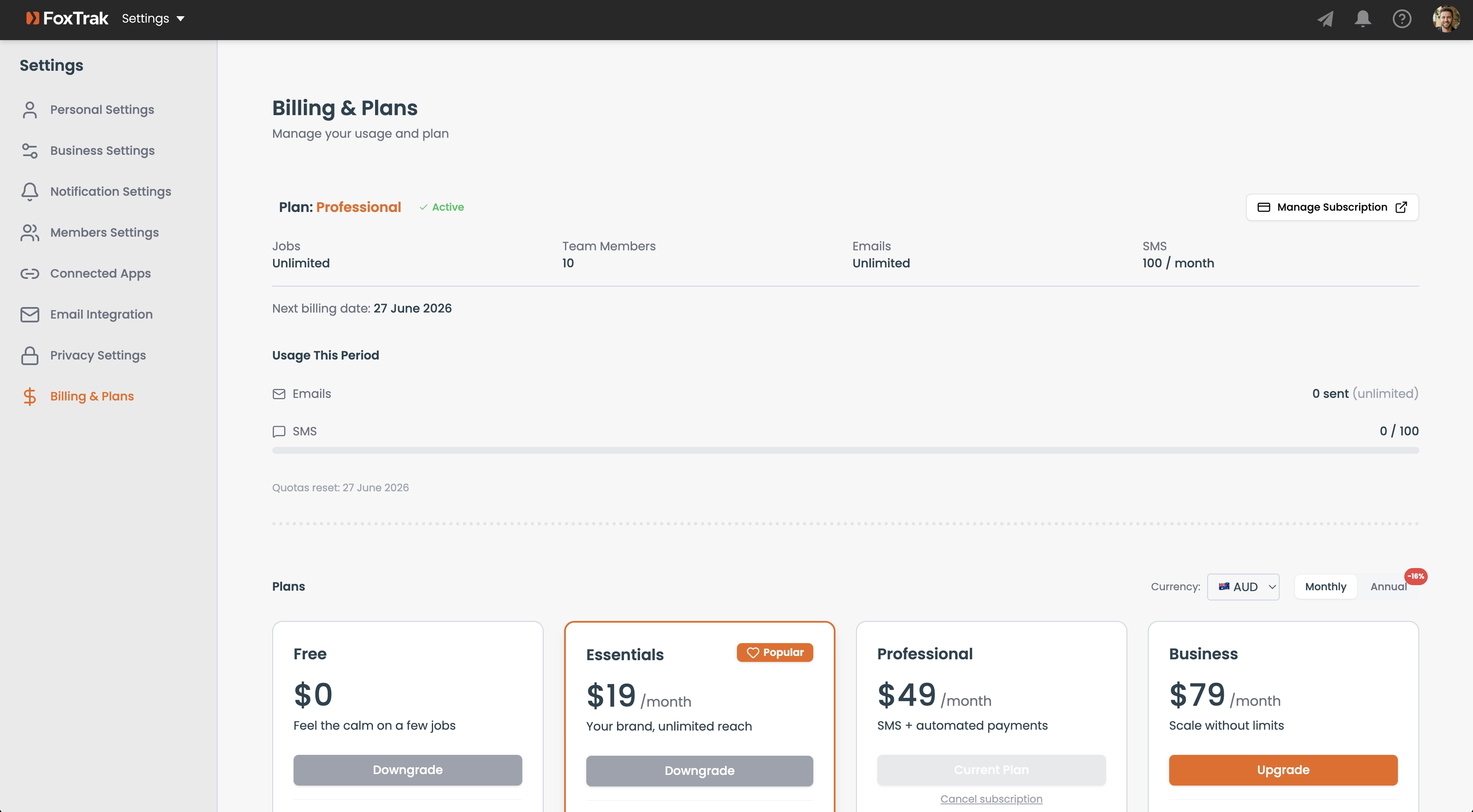 Subscription and billing in FoxTrak