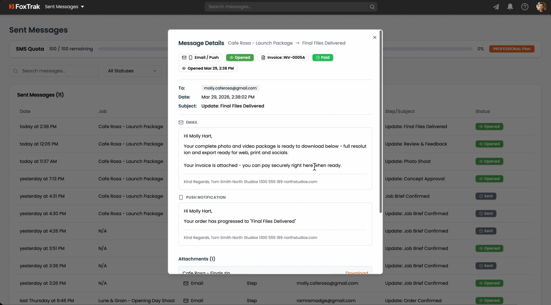 View sent messages in FoxTrak